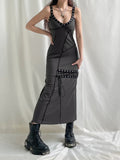 SUCHCUTE Grunge Eyelet Strap Midi Dress Women Gothic Sexy V Neck Bandage Dresses Vintage Dark Streetwear Sleeveless 90s