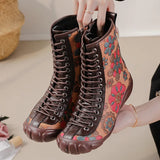 Zingj And Winter New Flat-Soled Women's Boots National Style Leather Printing Medium-Tube Martin Boots Warm And Comfortable Cotton