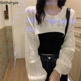 Shrugs Women Solid Loose Crop Top Hollow Out Designer Hipster New-arrival Soft Teenagers Full Sleeve All-match