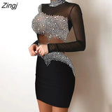 New Rhinestone Decor Sheer Mesh Long Sleeve Black Mini Bodycon Halter Dress Women Fashion See Through Glitter Sexy