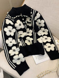 Beading Flower Knitted Women Sweater Tops 2023 Autumn Winter Vintage Elegant Ladies Pullover Long Sleeve Fashion