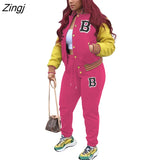 Striped print Women Fall Two piece Set Sweatshirt Zipp jacket Top Trousers Sports Baseball Uniform Workout
