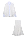 Women Fashion Hollow Out Embroidery Casual White A Line Skirt Faldas Mujer Female Side Zipper Chic Midi Vestidos