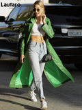Autumn Extra Long Green Leather Trench Coat for Women Long Sleeve Sashes Single Breasted Maxi Overcoat 2021