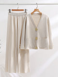 Winter New Women's Knitted Sets Fashion Large Gold Button V-Neck Sweater Wide Leg Pants Suits Thicken Knit Two Piece