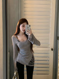 Korean Style Long-sleeved Ripped Thin Knitted Sunscreen Blouse T-shirt Tops With Small Tube Top Fashion Women's