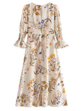 New Spring Women Retro Floral Print Sexy Slits Chiffon Dress Ladies O Neck A-line Holiday French Style Vestido Midi