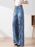 Elegant Jeans For Women High Waist Lace Patchwork Pantalones Hollow Out Denim Trousers Casual Loose All Match Pants