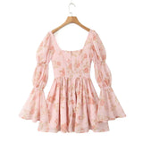 Floral Print Long Puff Sleeve Square Collar Mini Dress-Outfit