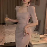 New Elegant Midi Dress For Women Bodycon Office Lady Solid One Piece Slim Clothing Femme Fashion