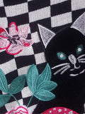 Fashion Cartoon Cat Embroidery Knitwear Women's Autumn/Winter Plaid Bubble Sleeve Casual Short High Waist Pullover