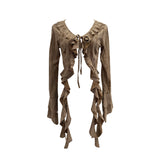 Wasteland Wind Irregularly Drifted With Lotus Leaf Edge Strap With Hole Open Shirt Short Long Sleeves