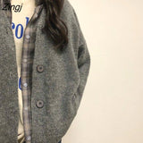 Women Ulzzang Casual Single Breasted Elegant Ladies Sweaters Jumpers V-Neck Solid Gray Chic Basic Femme Knitted
