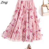 Long Tulle Midi Skirt Women Embroidery Butterfly High Waist Mesh Pleated Skrit Korean Sweet Pink Gray Tutu Skirts