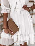 Beach Dress Women Solid Mini Dress Female V Neck Lace-up Loose Casual Dress Ladies Patchwork Half Sleeve Ruffles