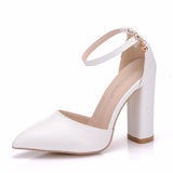Cm Thick Heel Tip Small White Shoes Low Thick Heel In Hollow Sandals Spring Square Heel Women's Shoes White Bridal