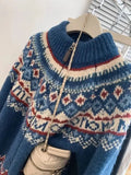 Blue Zipper Jacquard Knitted Cardigan- Outfit