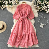 Zingj Hollowed-Out Dress Women's Bubble Sleeves New Loose Embroidery Light Ripe Wind Waist Showing A Long Skirt With Thin Lotus