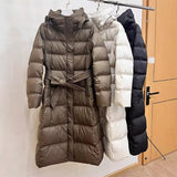 Autumn Winter New Down Jacket Female Long Money Slim Over The Knee Hoodie Waist Show Thin Belt Money Warm Coat Tide-Outfit