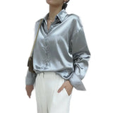 Fashion Button Up Satin Silk Shirt Vintage Blouse Casual Loose Button Up Down Shirts Tops Lady Long Sleeve Female