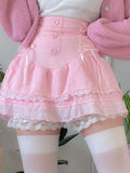 Lolita Style Sweet Pink Lace Trim High Waist Mini Skirt Women Harajuku Korean Tie Up Pleated Skirt Double Layer