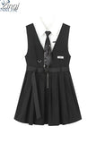 Women Dresses Sweet College Girl Tie Shirts Harajuku High Waist Pleated Vest Mini Gothic Dress 2023 Summer 2 Piece Sets