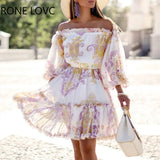 Women Long Sleeves Print Off Shoulder Ruffles Dress Elegant Fashion Chic Party