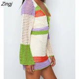 Women Long Sleeve Splicing Crochet Deep Neck Patch Color Summer Holiday Beach Sunscreen Cutout Short Cover Up