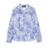 Spring Style Laminated Decorative Flower Printed Loose Blouse