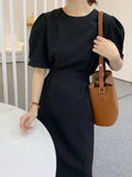 Summer Women Simple Casual Solid Midi Dress Female Short Sleeve A-line Fashion Holiday