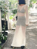 Crochet Hollow Backless Long Sleeve Cover Up Maxi Dress- Outfit