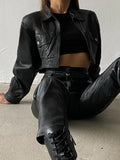 Fashion Crop Autumn Winter Coat for Women PU Leather Jacket Zip Up Pockets Moto&Biker Style Racing Jackets