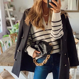 Women's High-Collar Autumn And Winter New Striped Long-Sleeved Top Zipper Knitted Shirt