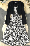 Women Two Piece Set Beach Vacation Long Sleeve Cardigans + Floral Spaghetti Strap Midi Dress Female Suit New