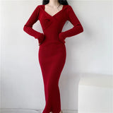 Zingj V-Collar Long-Sleeved Knitted Dress Skirt Autumn And Winter 2024 New Sweater