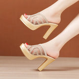 High-Heeled Slippers Summer 2023 New Fashionable Thick-Soled Net Slippers Large Size Slippers Wear Thick