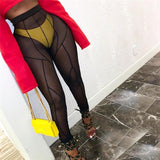 Mesh Sheer See Through Women Leggings Pants High Waist Striped Patchwork Leggings Skinny Pencil Pants Trousers