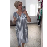 Summer New Large-Size Fashion Bag Pocket Striped Dress