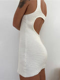 Women Sexy Cutout Knitted Dress Casual Stripe Contrast Color Ribbed Print Sleeveless Backless Bodycon Beach Smock