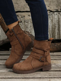 Zingj Independent Station Autumn And Winter New Round Head Side Zipper Low Heel Large Size Short Boots Flat-Soled Belt Buckle Suede Martin