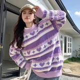 Purple Heart Print Stripe Sweater- Outfit