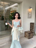 Xixi 2025 Spring New Korean Version High Waisted Elegant Suspension Dress V-Neck Solid Color Pure Desired Skirt