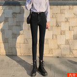 Zingj Double-Button Small Foot Jeans Women's Fall 2024 New Summer Slim Show Thin Nine Minutes Tight Black Pants-Outfit