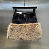 Faux Fur Patchwork Denim Mini Skirt- Outfit