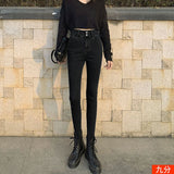 Zingj Double-Button Small Foot Jeans Women's Fall 2024 New Summer Slim Show Thin Nine Minutes Tight Black Pants-Outfit