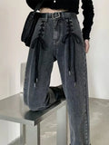 Women Gothic High Waist Jeans Fairy Grunge Pants Wide Leg Denim Lace Up Alt Harajuku Straight Trousers Streetwear