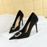 Zingj Fashion Banquet High Heels Fine Heel Shallow Pointed Satin Metal Water Diamond Buckle Single Shoe
