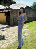 Blue Strapless 3D Flower Ruched Maxi Dress- Outfit