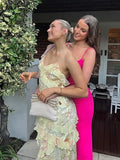 Zingj V Neck Colorful Ruffles Sling Dress Women Backless Sleeveless Slim Floor Length Robes 2024 Lady Beach Holiday Vestidos 211-0-Outfit