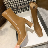 Zingj Celebrity Elastic Thin Thin Boots Female 2023 Autumn New Thick High Heel Temperament Short Boots Female White Lacquer Leather Martin Boots-Outfit